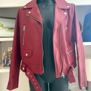 Zara Red Vegan Leather Moto Biker Jacket